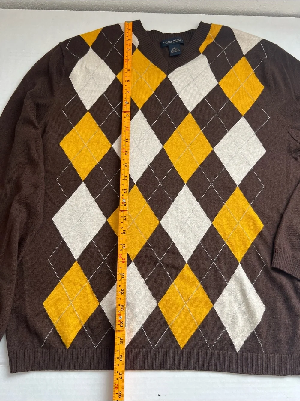 Banana Republic Brown V-Neck Argyle Sweater Yellow & Cream Diamonds Cashmere L
